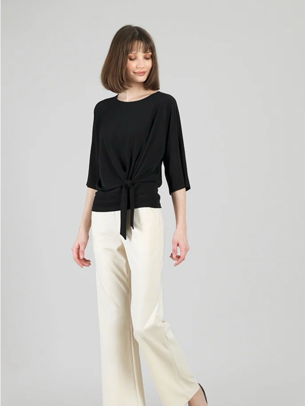 Clara Sun Woo Elbow Length Black Tie-Front Women’s Top